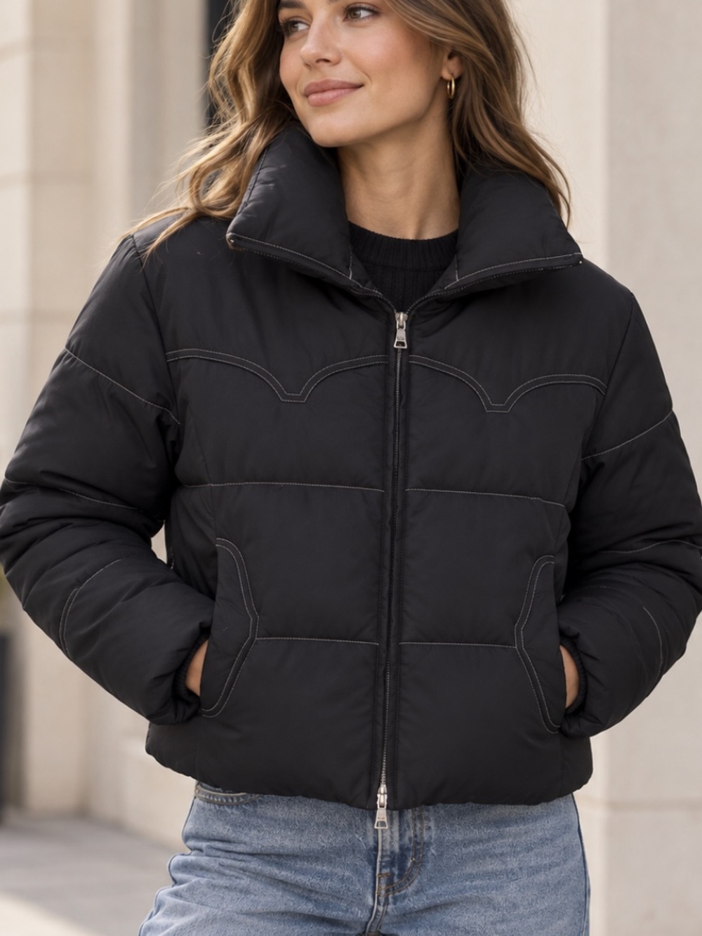 Guess Western Puffer Jacket Womens Medium Down Feather Quilted Black Full Zip